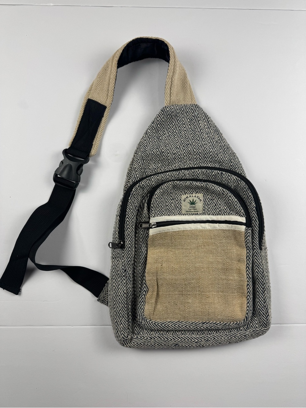 Herringbone Sling Belt Bag - Beige & Black